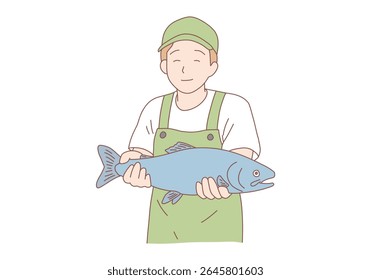 Jovem feliz homem sorridente pescador pescador pescador mostrando peixe e olhando para a câmera. Recreação de férias de verão e estilo de vida ativo. Hobby, pesca, conceito de captura. Design de vetor de estilo desenhado à mão