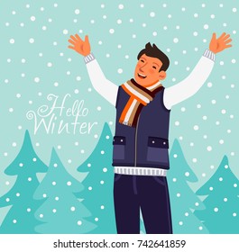 Young, happy and smiling man having fun outdoor in winter forest under snowflakes. Magic snowfall. Christmas and New Year vector illustration