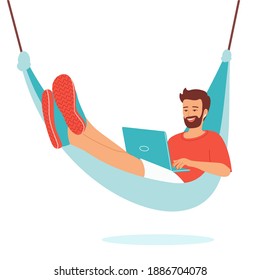 Young happy smiling man with a laptop lies in a hammock. Remote employee, freelancer, online student, teacher, e-learning. Isolated vector illustration