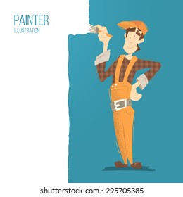 Junge glücklich lächelnde Mann Maler Malerei eine Wand mit Pinsel. Flache Web-Farbgrafik.