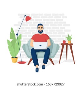 Young happy smiling man in is sitting in a chair with a laptop. Concept of remote work, freelance, programming, coding, e-learning. Home office. Vector  illustration