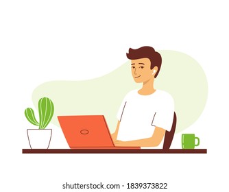 Young happy smiling man sitting at a table with a laptop. The concept of remote work, home office, e-learning. Programming, freelancing, distance education. Isolated vector illustration