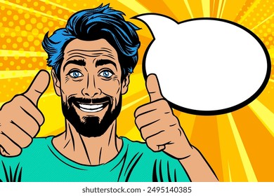 Young happy smiling man with thumbs up and speech bubble, comic pop art vector illustration