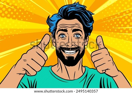 Young happy smiling man with thumbs up, comic pop art vector illustration