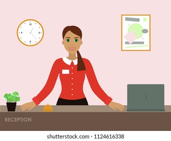 Young happy smiling pretty woman at the reception. Interior with clock, picture. Laptop bell and flowers on the desk. Vector illustration in flat style