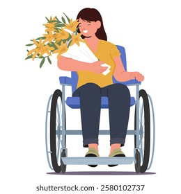 Young happy smiling woman cartoon character sitting in wheelchair rejoicing flowers. Support and care of female with physical disability and injury for best psychological recovery vector illustration