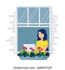 Young happy smiling woman with a laptop sits by an open window. The concept of remote work from home. Freelance. Distance e-learning. Online customer service. Cartoon vector illustration.