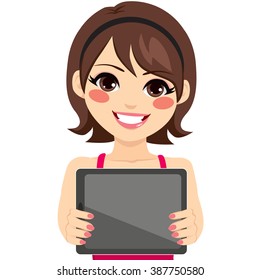 Young happy smiling woman showing blank horizontal black tablet