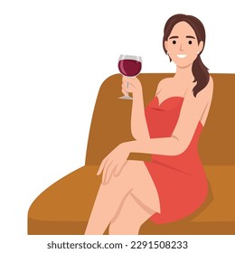 Young happy smiling woman toasting with wine glass. Flat vector illustration isolated on white background