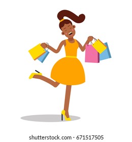 Young happy smiling woman in yellow dress standing with shopping bags cartoon character vector Illustration