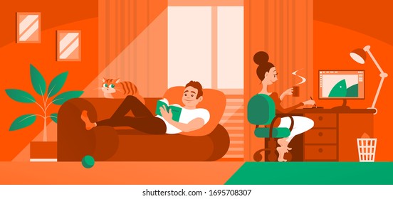 Young happy spouses relaxing at home together. A man lies on a sofa and reads a book. A girl sits at a computer and draws. Room interior in orange tones. Vector cartoon illustration.