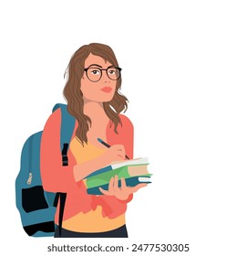 Young happy student with backpack on white background. Portrait of smiling woman with books.  Vector illustration.