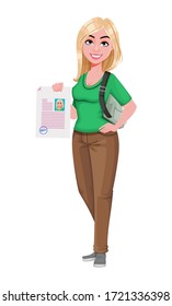 Young happy student girl holding signed document. Cheerful female teenager student cartoon character. Vector illustration