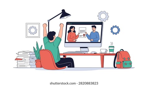 Young happy student man celebrating his online digital university diploma with remote professors on laptop screen.
