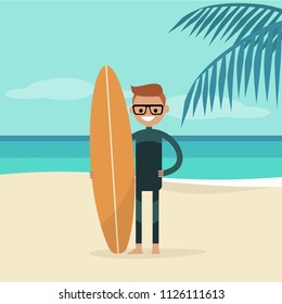 Young happy surfer wearing a wetsuit and holding a surfboard. Summer. Tropical beach. Flat editable vector illustration, clip art