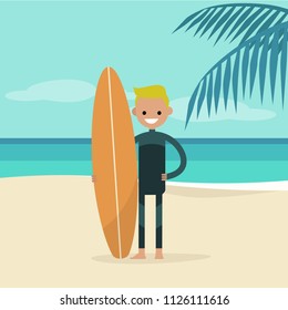 Young happy surfer wearing a wetsuit and holding a surfboard. Summer. Tropical beach. Flat editable vector illustration, clip art