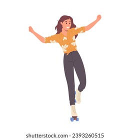 Young happy teenager woman cartoon character roller skating enjoying summer extreme sport