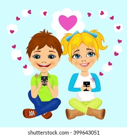 young happy teenagers sending love messages