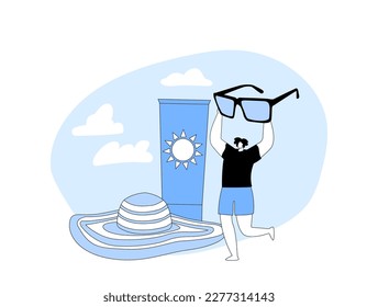 Young Happy Tiny Female Character Holding Huge Sunglasses In Hands Stand On Summer Sandy With Sunscreen Cream