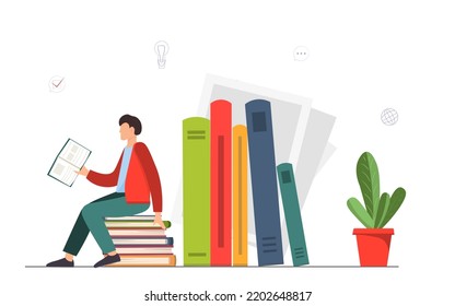 Young Happy Tiny Man, Student Reading Books At The Library, Reading Is Power Concept, Flat Vector Illustration