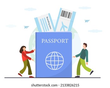 Young happy tiny man and woman standing with near passport and boarding passes for flight, traveling concept, traveling concept, booking service concept, flat vector illustration