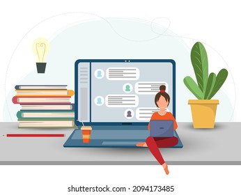 Young happy tiny woman working with notebook chatting in the internet, online work concept, team comunication concept, flat vector illustration