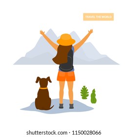 young happy traveling hiker girl with a dog, backside view, isolated vector illustration