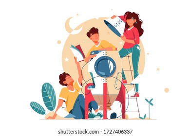 Young Happy Two Men And Girl Building Mini Rocket Together. Concept Smiling Male And Female Character Friends Development Modern Technology Using Equipment. Vector Illustration.