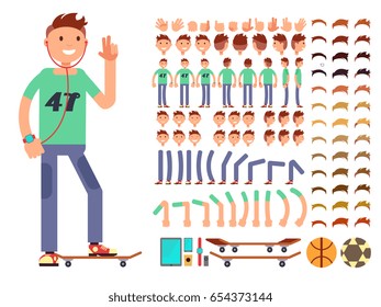 Young and happy vector character boy creation constructor. Student boy with headphones, skate, ball and gadget illustration