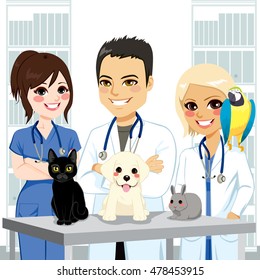 Young and happy veterinarian team at clinic with different pets