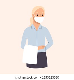 Young happy waitress is waiting for an order. Restaurant staff characters design with face mask to protect against the virus.Vector hand drawn illustration.