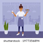 Young happy waitress or woman cafe owner carries meal. Restaurant worker holding food and drink. People sitting inside bar. Small business, public catering, cafeteria. Street cafe vector illustration