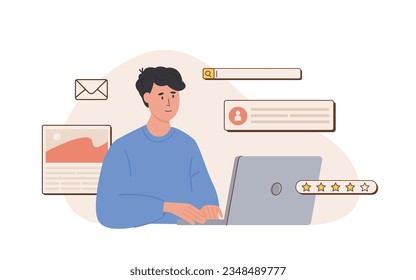Young happy web UI UX designer working on laptop. Freelancer at work creating content. Website development. Online business, internet marketing, communication. Content manager. Vector illustration.