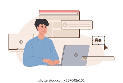 Young happy web UI UX designer working on laptop. Freelancer at work creating content. Website development. Online business, internet marketing, communication. Content manager. Vector illustration.