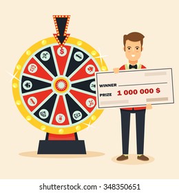 Young Happy Winner Standing Near the Wheel of Fortune and Holding a Big Check for One Million Dollars. Colorful Vector Illustration