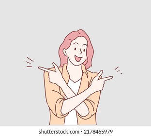 Young happy woman attractive direct fingers side empty space. Hand drawn in thin line style, vector illustrations.