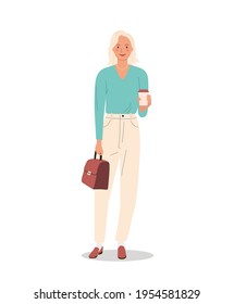 Young happy woman with bag and holding coffee in her hand isolated. Vector flat style illustration