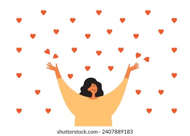 Young happy woman bathing in love. Female catching rain drops of hearts. Power of grateful, happiness vector illustration. Girl falling in love. Charity donation, aid, health care. Rain of heart shape