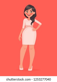 Young happy woman in beautiful dress in full growth on an isolated background. Vector illustration in cartoon style