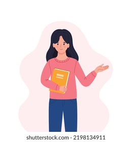 A young happy woman with a book. Teacher's Day, the concept of Literacy day. The concept of school and training. Cute vector illustration in a flat cartoon style