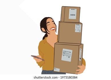 Young happy woman carries a parcels with goods and using phone. Concept of online shopping and delivery. Flat style. Vector illustration.