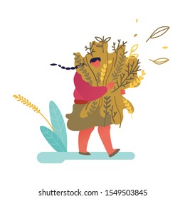Young Happy Woman Carry Huge Bunch of Herbs for Perfume Creation Isolated on White Background. Seasoning and Spices Ingredient for Scent and Herbal Aroma Therapy. Cartoon Flat Vector Illustration