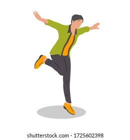 Young happy woman cartoon character dancing or jumping for joy, flat vector illustration isolated on white background.