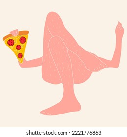 Young happy woman cartoon character or girl lies on bed at home eats pizza with leg hair. Recreation and relaxation lifestyle illustration	