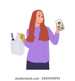 Young happy woman cartoon character shopping groceries by qr code using cashless payment mobile app