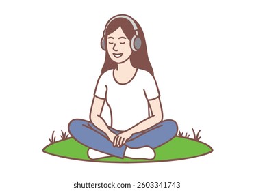 Young happy woman cartoon character in headphones sitting on grass in park listening to music. Hand drawn style vector design illustrations.
