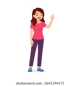 Young happy woman in casual clothes waving hand in a friendly greeting