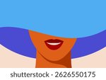 Young happy woman closed her face by blue hat. Abstract female portrait of face with red lips and toothy smile. Summer fashion beauty vector illustration