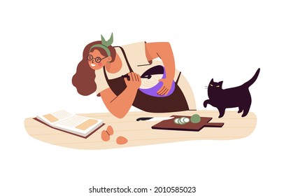 Joven mujer feliz cocina en casa. Persona en el delantal preparando comida casera y mirando la receta en el libro culinario. Hobby de cocina. Ilustración vectorial plana aislada en fondo blanco.