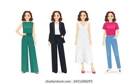 Young happy woman with curly short hair dressed in different casual business style clothes set isolated vector illustration